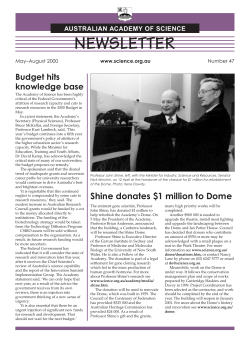 NEWSLETTER Budget hits knowledge base AUSTRALIAN ACADEMY OF SCIENCE
