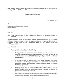 Draft Letter of Appointment to be issued to Independent Directors... ensuing AGM on 12