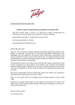 Financial results for the first quarter 2015 TALGO SA delivers strong