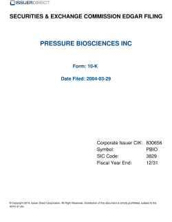 PRESSURE BIOSCIENCES INC SECURITIES &amp; EXCHANGE COMMISSION EDGAR FILING Form: 10-K