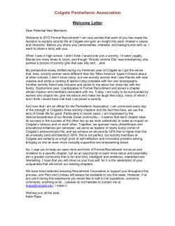 Colgate Panhellenic Association Welcome Letter