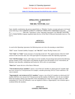 OPERATING AGREEMENT OF THE BIG VENTURE, LLC