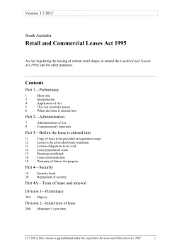Retail and Commercial Leases Act 1995 Contents South Australia Part 1—Preliminary