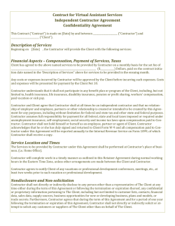 Contract for Virtual Assistant Services Independent Contractor Agreement Confidentiality Agreement