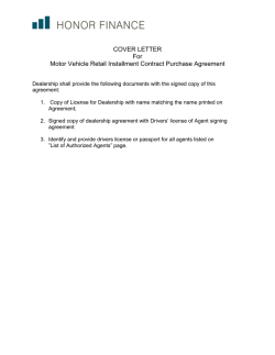 COVER LETTER For Motor Vehicle Retail Installment Contract Purchase Agreement