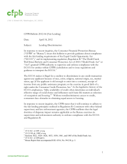 CFPB Bulletin 2012-04 (Fair Lending) Date: April 18, 2012