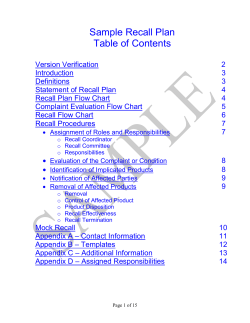 Sample Recall Plan Table of Contents