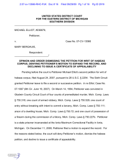 UNITED STATES DISTRICT COURT FOR THE EASTERN DISTRICT OF MICHIGAN SOUTHERN DIVISION _____________________________________________________________________
