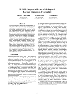 SPIRIT: Sequential Pattern Mining with Regular Expression Constraints Minos N. Garofalakis Rajeev Rastogi