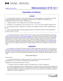 Memorandum D19-12-1 Importation of Vehicles In Brief
