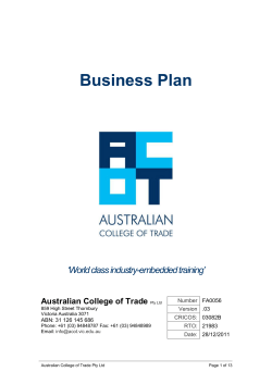 Business Plan ‘World class industry-embedded training’ Australian College of Trade