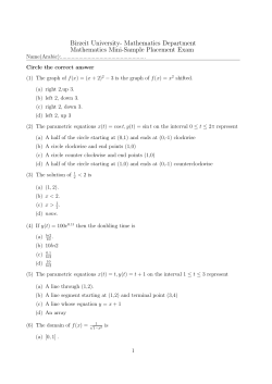 Birzeit University- Mathematics Department Mathematics Mini-Sample Placement Exam