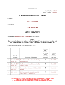 In the Supreme Court of British Columbia LIST OF DOCUMENTS