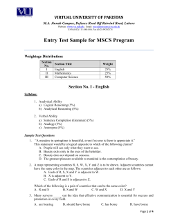 Entry Test Sample for MSCS Program VIRTUAL UNIVERSITY OF PAKISTAN Weightage Distribution: