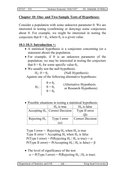 Chapter 10: One- and Two-Sample Tests of Hypotheses:  θ. We are