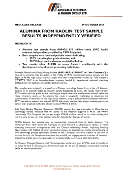 ALUMINA FROM KAOLIN TEST SAMPLE RESULTS INDEPENDENTLY VERIFIED