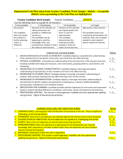 Implemented Unit Plan taken from Teacher Candidate Work Sample + Rubric... (Rubric scores pertaining to the Unit Plan are highlighted.)
