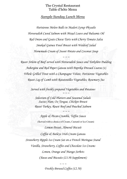 The Crystal Restaurant Table d’hôte Menu Sample Sunday Lunch Menu