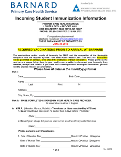 Incoming Student Immunization Information  Primary Care Health Service