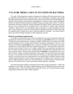 CULTURE MEDIA AND CULTIVATION OF BACTERIA