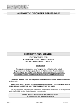 AUTOMATIC DEIONIZER SERIES DA/V INSTRUCTIONS  MANUAL INSTRUCTIONS FOR COMMISSIONING, INSTALLATION