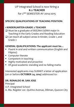 UP Integrated School is now hiring a for 2  K-2 TEACHER