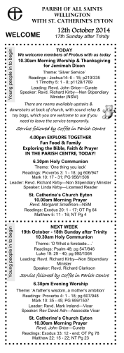 12th October 2014 WELCOME Parish of All Saints Wellington