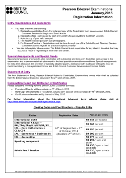 Pearson Edexcel Examinations  January,2015 Registration Information