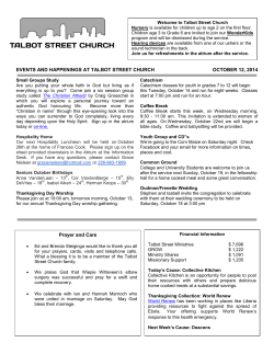 EVENTS AND HAPPENINGS AT TALBOT STREET CHURCH OCTOBER 12, 2014