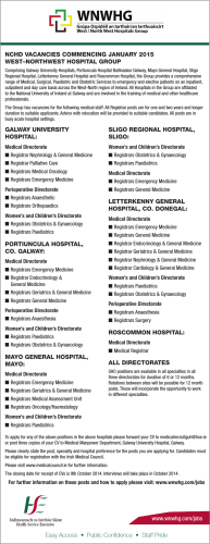 NCHD VACANCIES COMMENCING JANUARY 2015 WEST–NORTHWEST HOSPITAL GROUP