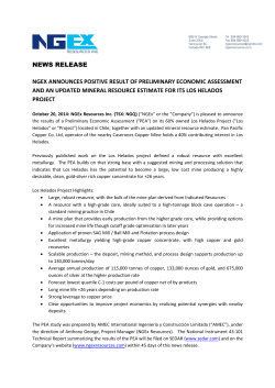 NEWS RELEASE NGEX ANNOUNCES POSITIVE RESULT OF PRELIMINARY ECONOMIC ASSESSMENT