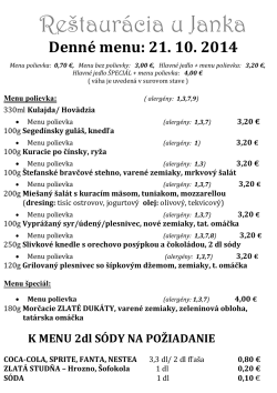 Reštaurácia u Janka  Denné menu: 21. 10. 2014