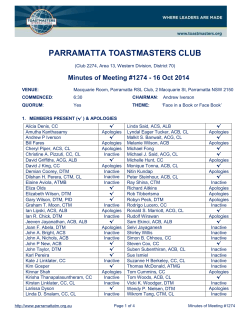 PARRAMATTA TOASTMASTERS CLUB  Minutes of Meeting #1274 - 16 Oct 2014