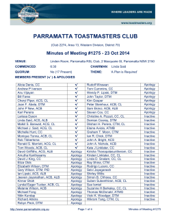 PARRAMATTA TOASTMASTERS CLUB  Minutes of Meeting #1275 - 23 Oct 2014