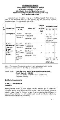 DRAFT ADVERTISEMENT Government of India, Ministry of Defence