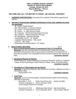 EAST LYCOMING SCHOOL DISTRICT BOARD OF EDUCATION AGENDA Tuesday, October 28, 2014