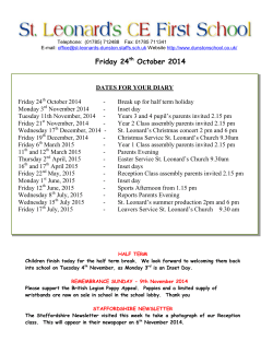 DATES FOR YOUR DIARY  Friday 24 October 2014