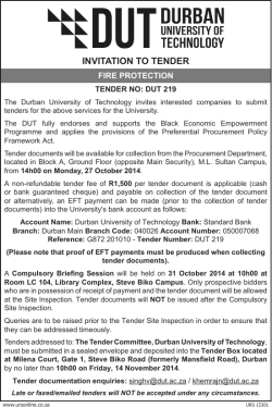 INVITATION TO TENDER FIRE PROTECTION TENDER NO: DUT 219