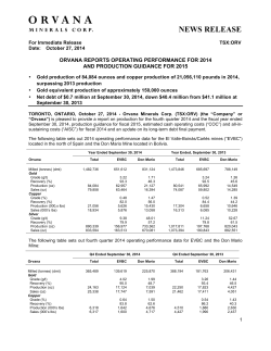 NEWS RELEASE  ORVANA REPORTS OPERATING PERFORMANCE FOR 2014