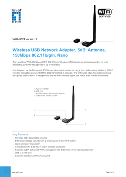 Wireless USB Network Adapter, 5dBi Antenna, 150Mbps 802.11b/g/n, Nano WUA-0624 Version: 2