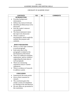 LE-1503 ACADEMIC READING AND WRITING SKILLS  CHECKLIST OF ACADEMIC ESSAY