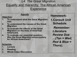 L4: The Great Migration Equality and Hierarchy: The African American Experience Homework: