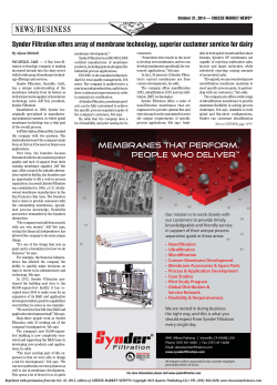 NEWS/BUSINESS Synder Filtration offers array of membrane technology, superior customer service... October 31, 2014 — CHEESE MARKET NEWS
