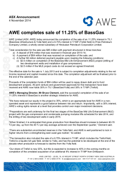 AWE completes sale of 11.25% of BassGas  ASX Announcement