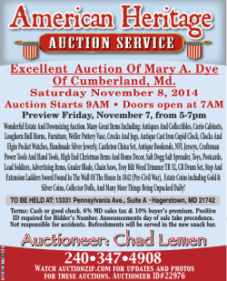 Excellent Auction Of Mary A. Dye Of Cumberland, Md.