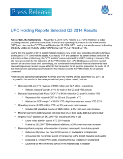 UPC Holding Reports Selected Q3 2014 Results