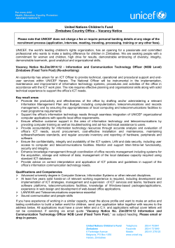 United Nations Children's Fund – Vacancy Notice Zimbabwe Country Office