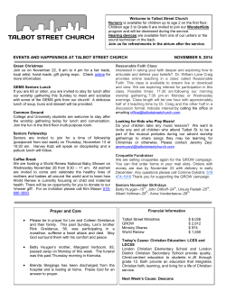 EVENTS AND HAPPENINGS AT TALBOT STREET CHURCH NOVEMBER 9, 2014