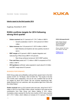 KUKA confirms targets for 2014 following strong third quarter