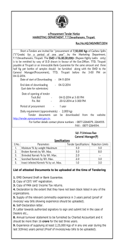 e-Procurement Tender Notice MARKETING DEPARTMENT, T.T.Devasthanams, Tirupati. Roc.No.M2/340/MRKT/2014